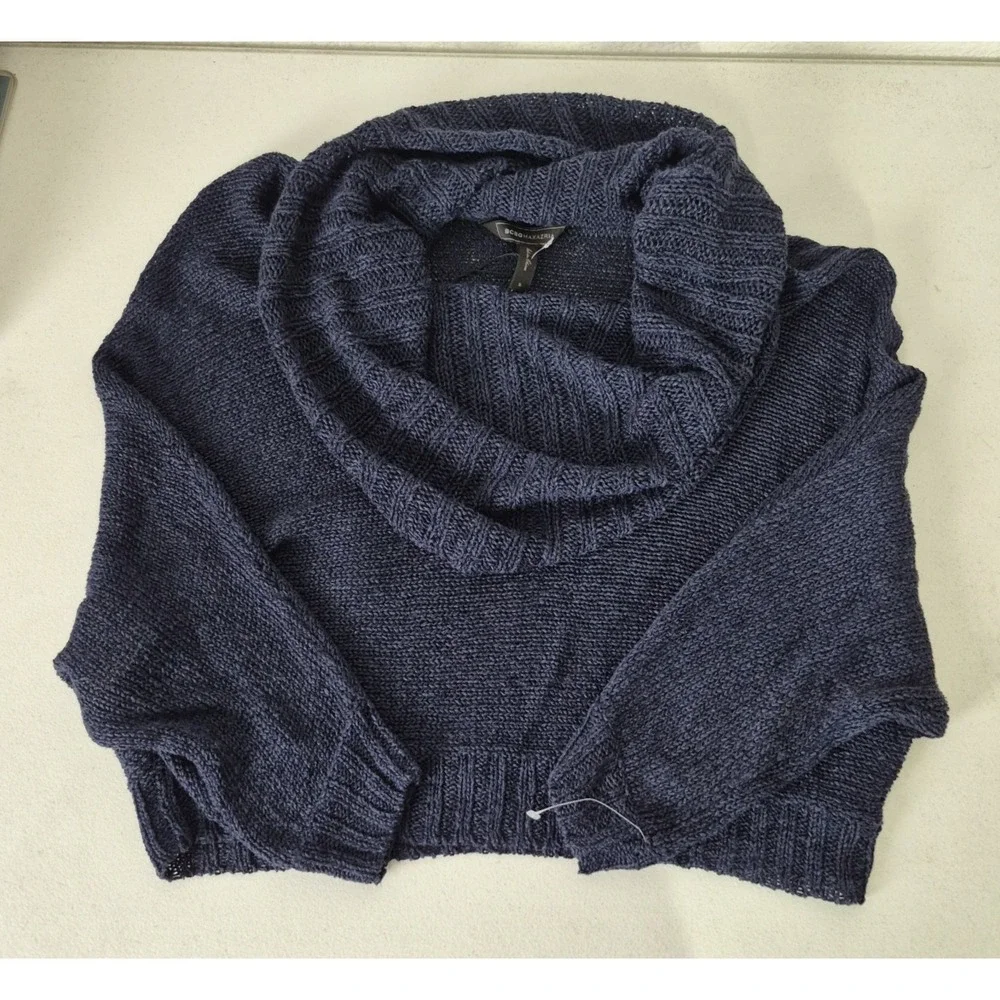 BCBGMAXAZRIA Sweater Womens S Blue‎ Frida Linen Viscose Cowl Neck Knit Pullover